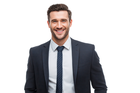 Smiling businessman in suit and tie headshot portrait on transparent background