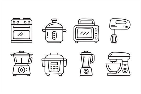 Household cooking device icon set for home kitchen and meal prep themes