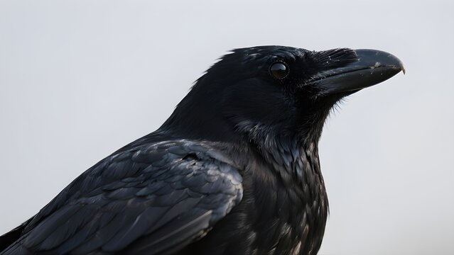 A black crow perched upright, looking alert and majestic