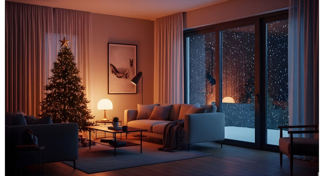 Modern cozy living room with glowing Christmas tree and snowy night view through large glass doors creating warm elegant winter holiday interior atmosphere