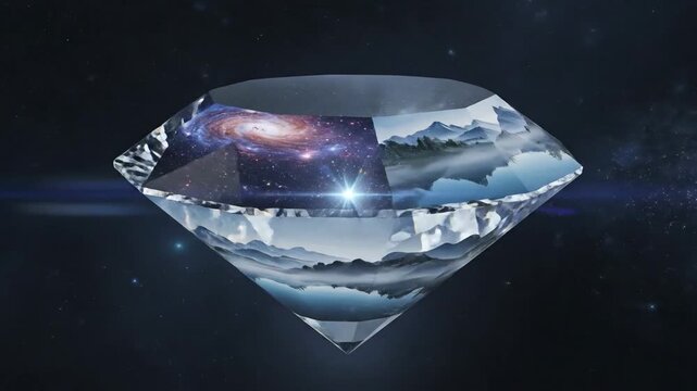 Abstract diamond shape with landscapes reflection against a galaxy background