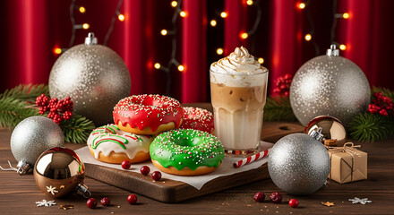 Festive Christmas donuts and iced coffee with whipped cream.