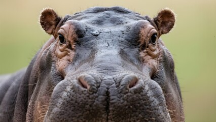 A close-up of a hippopotamus from the front, as if it’s staring at you.