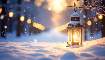 Enchanting winter scene with a glowing lantern casting warm light on fresh snow, creating a magical and serene holiday atmosphere in nature's beauty
