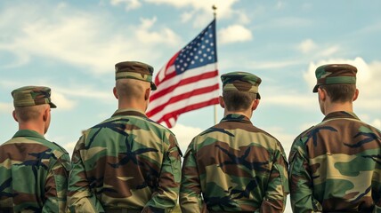 Patriotic soldiers standing proudly before waving American flag under sunny sky