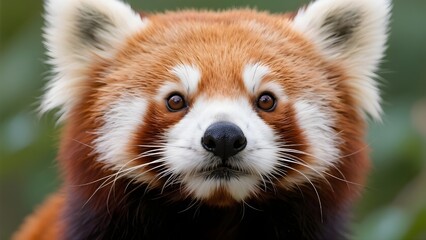 Fototapeta premium A close-up of a red panda with its fluffy fur and cute round face, looking incredibly adorable.