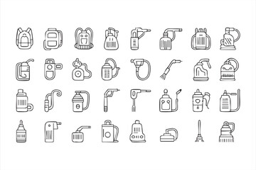 Vector spray bottle and pump equipment icons for hygiene and disinfection themes
