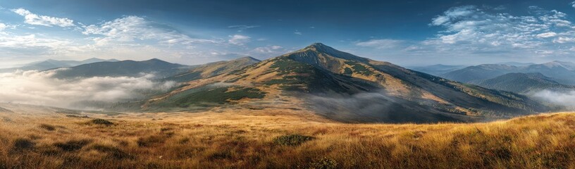 Fototapeta premium Panoramic vista shows mountain peaks peeking through mist, with golden fields in the foreground