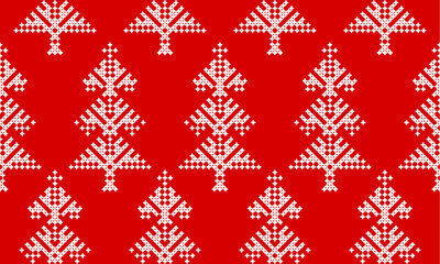 Winter seamless vector pattern with christmas trees, cozy embroidery pattern on red background. Surface design for textile, fabric, wallpaper, wrapping