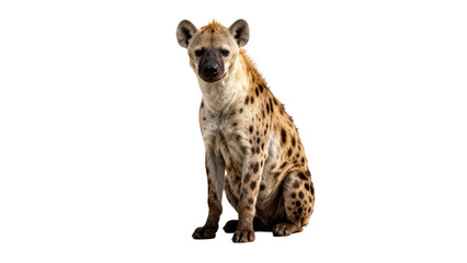 Spotted hyena sitting calmly against a plain background, showcasing distinct fur pattern and facial features in natural posture