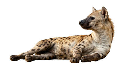 Obraz premium Hyena resting calmly on a white background showcasing distinctive spotted fur and attentive posture
