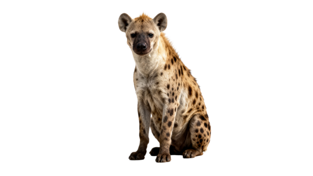 Spotted hyena sitting calmly against a plain background, showcasing distinct fur pattern and facial features in natural posture