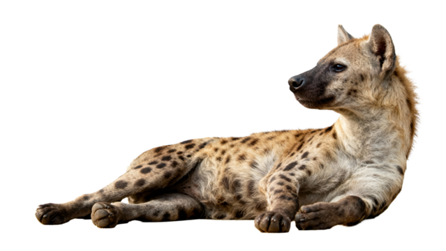 Hyena resting calmly on a white background showcasing distinctive spotted fur and attentive posture