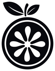 Simple black silhouette of a citrus fruit slice with leaves and stem