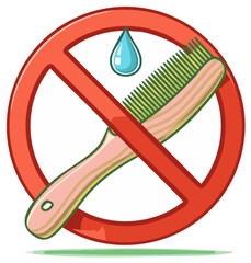 Illustration of a prohibition sign with comb, drop of water, and crossed out symbol.
