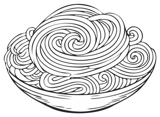 Stylized black and white line art illustration of a bowl of swirling pasta noodles