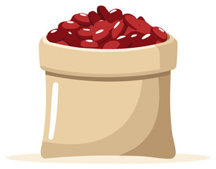 Burlap sack overflowing with red kidney beans flat vector illustration