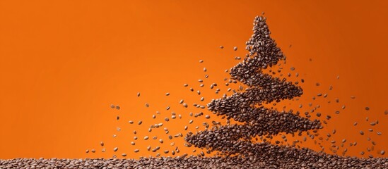 Coffee beans forming christmas tree on orange background