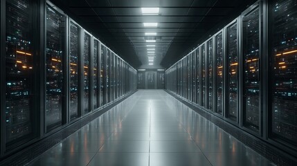 Cutting-Edge data center hallway with servers, perfect for showcasing robust tech infrastructure or secure cloud solutions, promising seamless data management
