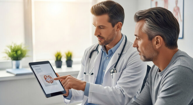 Attentive doctor explaining diagnosis with digital tablet to patient, showing anatomy, providing clear and compassionate care in modern medical office