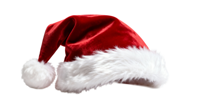 Festive red Santa hat with white fur trim displayed on a plain background for holiday cheer