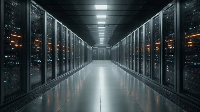 Cutting-Edge data center hallway with servers, perfect for showcasing robust tech infrastructure or secure cloud solutions, promising seamless data management