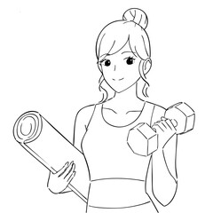 ダンベルとヨガマットの女性　白黒イラスト