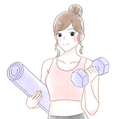 ダンベルとヨガマットの女性　水彩イラスト