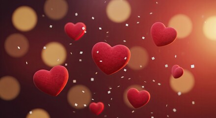 Floating red plush hearts and confetti on a warm, romantic background with yellow bokeh lights, ideal for celebration.