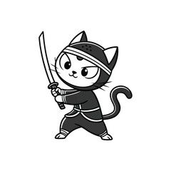 Cute cartoon cat dressed as a ninja holding a sword