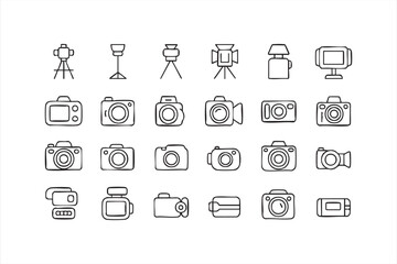 Line art camera and video equipment icon set for photography and media production
