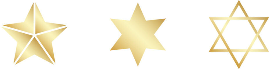 Gold Christmas star set isolated. Star Tree Topper. Shiny golden ornament decoration design. Vector, PNG or JPG