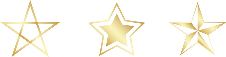 Gold Christmas star set isolated. Star Tree Topper. Shiny golden ornament decoration design. Vector, PNG or JPG