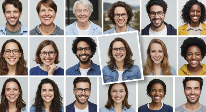 Diverse team portraits showcase professional unity and approachable company culture, highlighting inclusivity and positive work environment, modern and authentic smiles