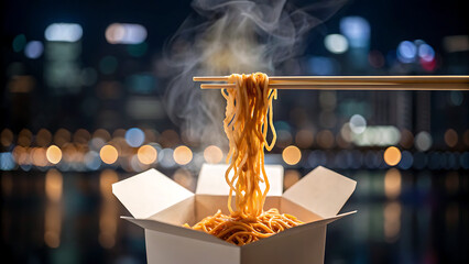 Steaming hot noodles being lifted with chopsticks from a takeout box against a blurred city lights background
