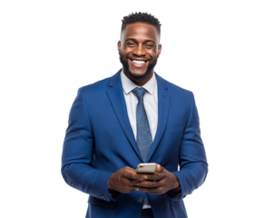 Smiling african businessman holds smartphone wearing a blue suit on transparent background