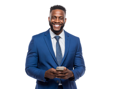Smiling african businessman holds smartphone wearing a blue suit on transparent background