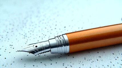 Close-up of an elegant orange fountain pen poised on textured paper, showcasing its intricate nib design