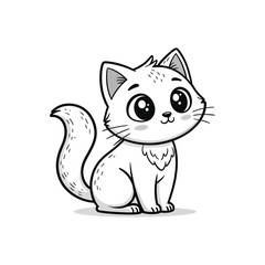 Cute cartoon kitten with big eyes and fluffy tail black and white drawing