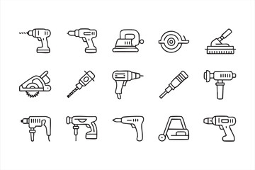 Line art power tool icon set for construction and industrial maintenance