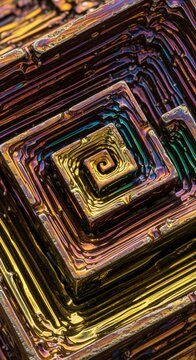 Regenbogenfarbener Wismut Kristall in detaillierter Nahaufnahme