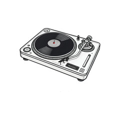 Black and white illustration of a vintage turntable record player