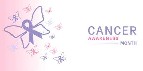 Fototapeta premium Purple and Colorful Butterfly combination with Cancer Ribbon vector. Cancer background concept. World Cancer day background. Cancer Awareness Month