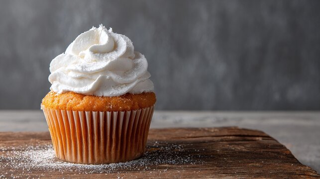 Indulge in the simple pleasures of a fluffy cupcake topped with a swirl of sweet cream. Perfect for a treat or celebration! Freshly baked with love and vanilla extract.