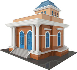 3D isometric miniature building, classic architecture model, blue windows, columns and entrance steps, urban structure, historic style house design