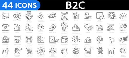 B2C icon set. Editable stroke.  E-commerce, customer service, retail, digital marketing, product, delivery, retailer, cargo, customer experience, supply chain and more. Vector illustration