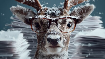 Stressed Reindeer in Glasses Surrounded by Stacks of Bills, Post-Holiday Debt Concept