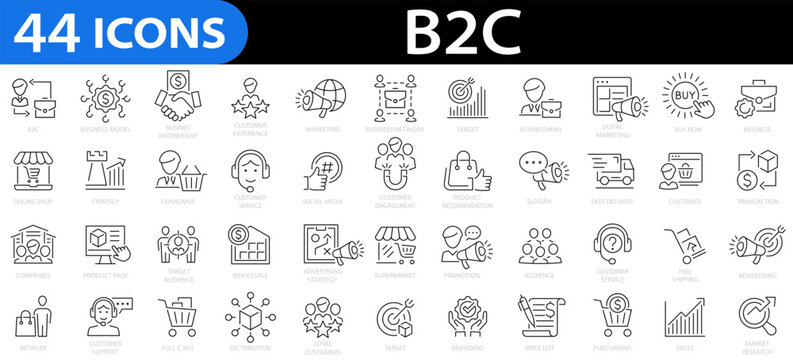 B2C icon set. Editable stroke.  E-commerce, customer service, retail, digital marketing, product, delivery, retailer, cargo, customer experience, supply chain and more. Vector illustration