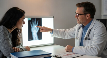 Obraz premium Compassionate doctor explains hand x-ray results to patient, ensuring understanding and building trust during medical consultation for better healthcare