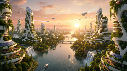 Green futuristic city on river with flying vehicles at sunset